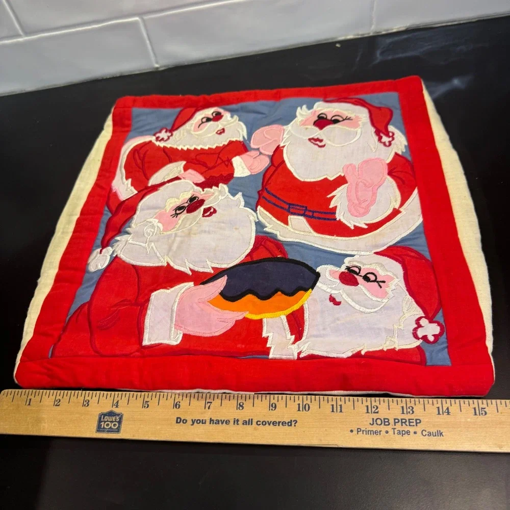 Vintage Pillow Case Home Decor 15x15 Red Retro Applique Santa Claus Christmas‎